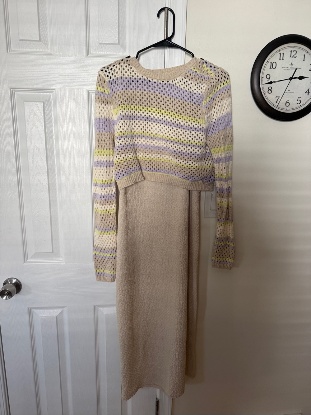 Motherhood Beige Midi Dress with Pastel Striped Knit Overlay